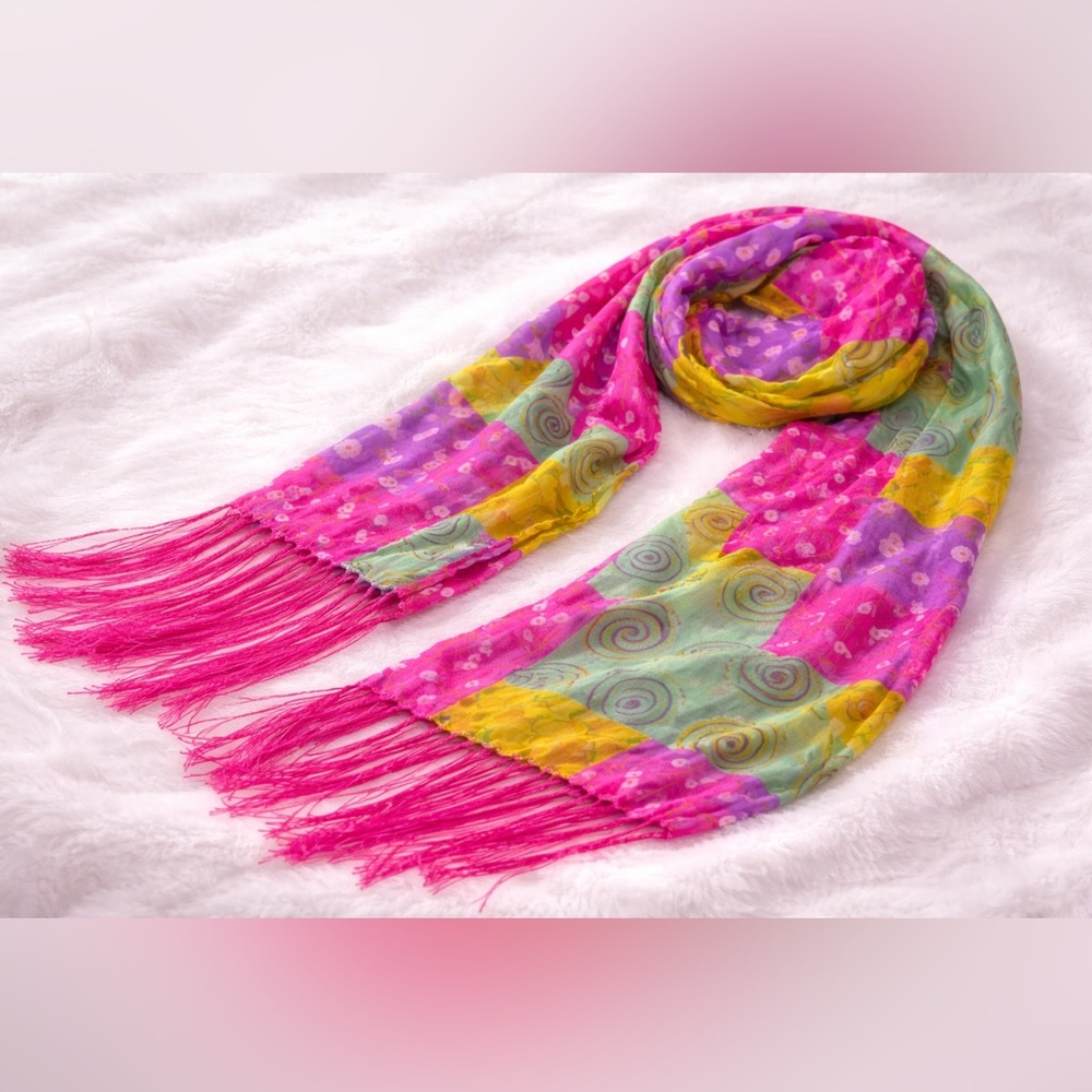 Jill Stuart Rare Colorway 100% Silk Patchwork Fringe Y2K Scarf